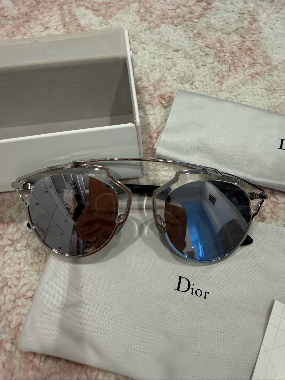 Dior Women's Silver Frame Sunglasses with Blue Mirrored Lenses